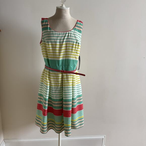 New Tiana B. Womens Dress 14 A Line Yellow Green Stripes Fit & Flare Lined Belt - Picture 1 of 15